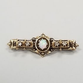 Tested 14K gold opal & diamond Victorian revival brooch; 4.9g- 1 5/8"L