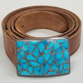 Signed ALH silver & turquoise inlaid buckle (Alice Leekya Homer) on Gokey belt; buckle 2 5/8" x 1