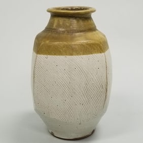 Large Warren Mackenzie stamped 2-color shoulder vase- 13"H