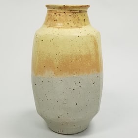 Large Warren Mackenzie stamped 2-color shoulder vase with drip glaze- 14"H