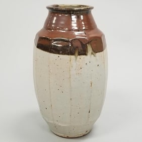 Large Warren Mackenzie 2-color shoulder vase with drip glaze- not stamped- 14 1/4"H