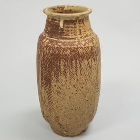 Large Warren Mackenzie stamped shoulder vase with scratched design- 14 1/4"H