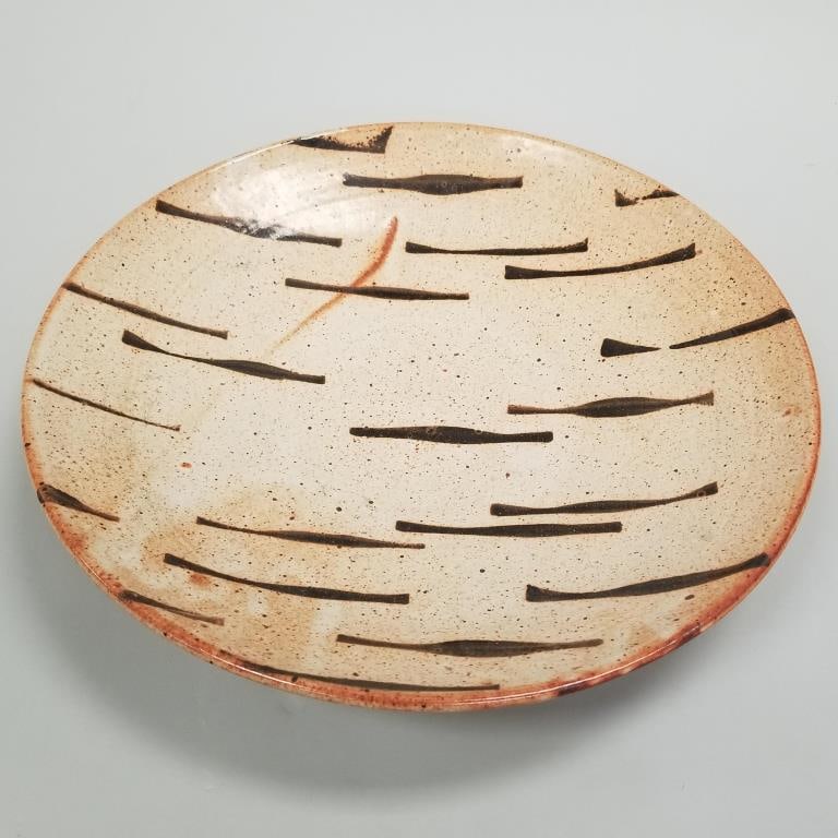 Large Warren Mackenzie platter with interior dog bone design & shino glaze- not stamped- 3 3/4"H 18: Large Warren Mackenzie platter with interior dog bone design & shino glaze- not stamped- 3 3/4"H 18 3/8"D