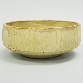 Warren Mackenzie stamped faceted footed bowl (as seen- firing line) 5"H 12"D