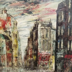 W. Stevens signed oil painting on canvas- street scene- 31 3/4"H 27 3/4"W framed O.D.