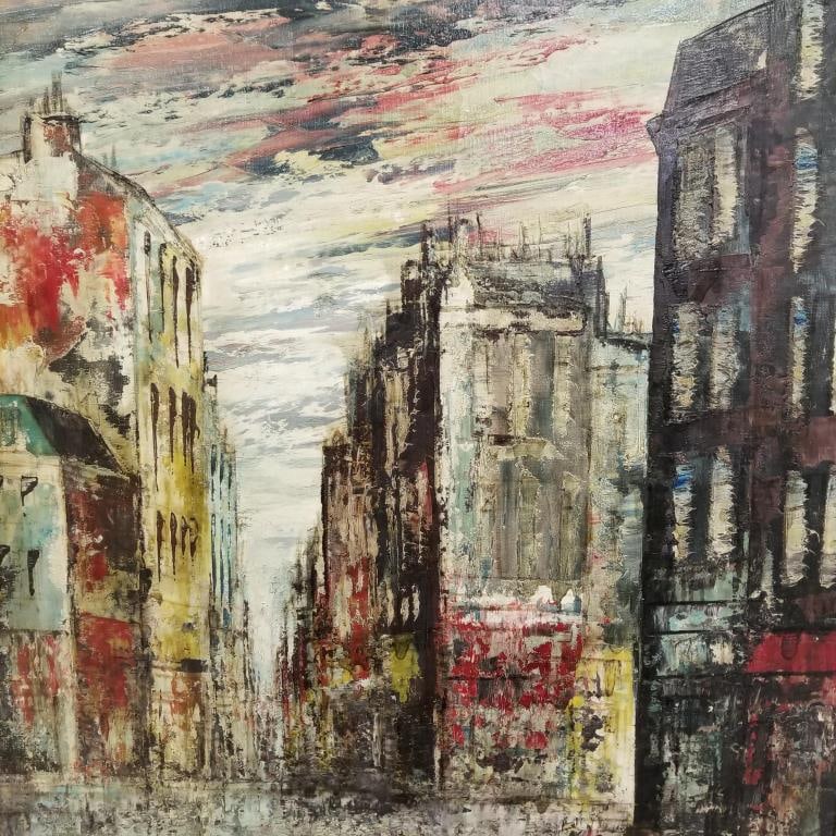 W. Stevens signed oil painting on canvas- street scene- 31 3/4"H 27 3/4"W framed O.D. (1 of 10)