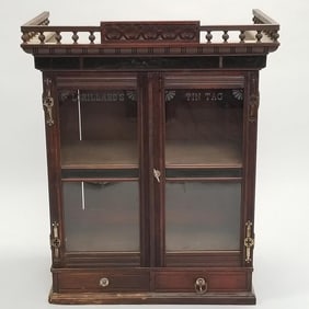 Antique P. Lorillard & Co. "Tin Tag" advertising tobacco store display cabinet with etched glass