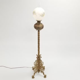 Victorian embossed brass banquet floor lamp with globe (electrified) 60" overall height 13 1/2"W 12