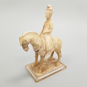 Antique Sui Dynasty pottery woman equestrian figure with traces of colored pigment decoration with