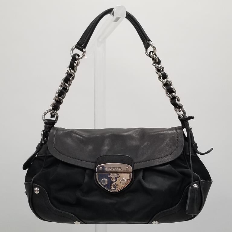 Vintage Prada black leather & nylon purse with chain strap- 7" x 14" x4" (1 of 12)