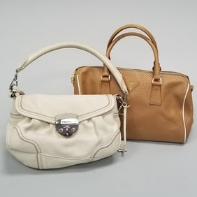 2 vintage Prada handbags: bone leather & camel perforated- 8" x 13" x 6 3/4" larger (not including