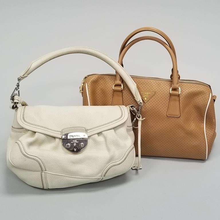 2 vintage Prada handbags: bone leather & camel perforated- 8" x 13" x 6 3/4" larger (not including: 2 vintage Prada handbags: bone leather & camel perforated- 8" x 13" x 6 3/4" larger-not including handles (shows some wear)