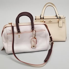 2 Coach leather bags: white pebble & cream calf (scuffing) larger- 10" x 12" x 6 1/2"