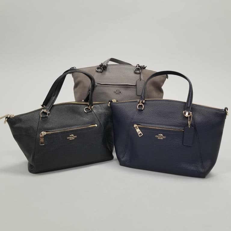 3 Coach pebble grain leather bags- blue, black, gray- 9" x 14" x 3": 3 Coach pebble grain leather bags- blue, black, gray- 9" x 14" x 3"