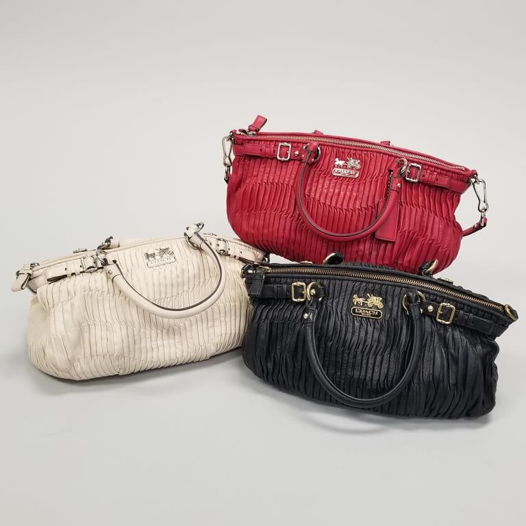 3 Coach pleated leather bags- assorted colors- 8" x 13" x 5": 3 Coach pleated leather bags- assorted colors- 8" x 13" x 5"