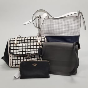 4 assorted Coach bags incl perforated duffle, graphic print, flap, etc. (shows some wear) largest