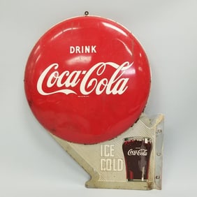 Coca Cola double sided bottom flange advertising sign- 1949 (as seen- paint drips, button dents,