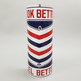 William Marvy Company 1/2 round porcelain advertising barber sign "Look Better Feel Better" (as