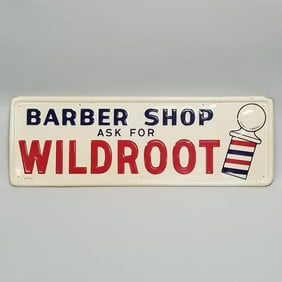 Wild Root Barber Shop metal advertising sign- dated 9-59 (scratches) 13 3/4"H 39 1/2"W