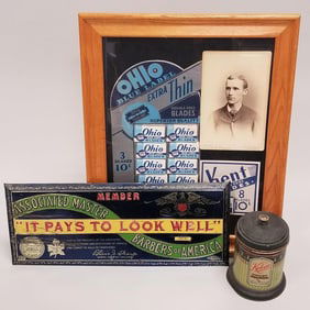 3 advertising barber shop items: razor blade display with photo- 16 1/4"H 13 1/4"D framed O.D., tin