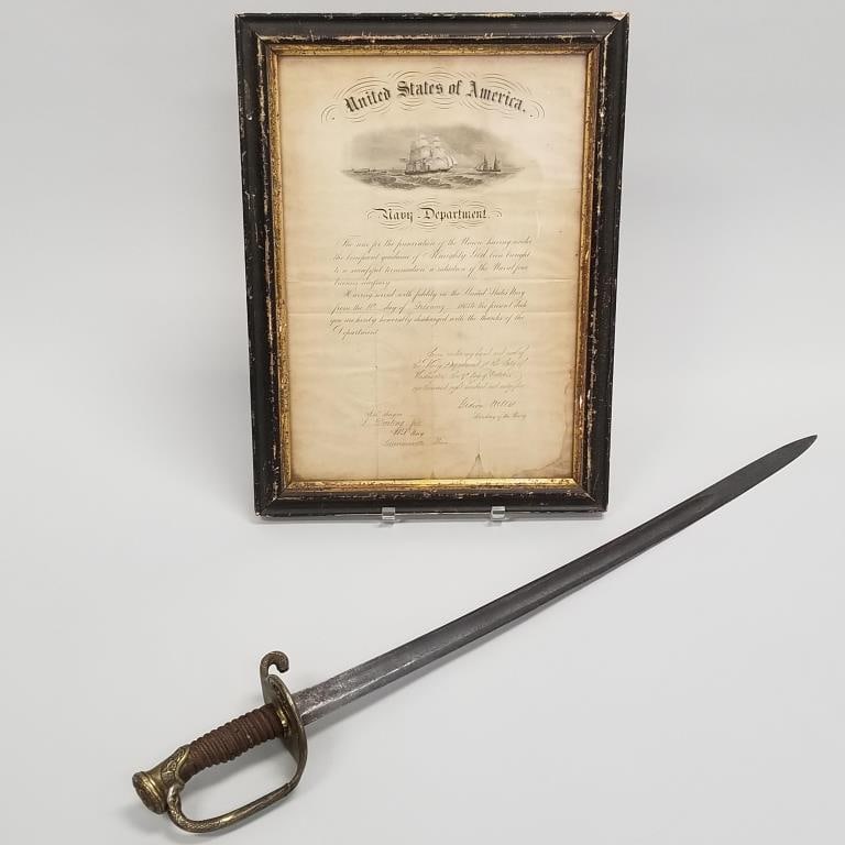 Antique U.S. Navy sword - 32 1/2"L with framed Navy Discharge paper Lewis Darling Asst. Surgeon- (1 of 17)