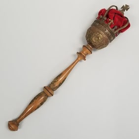 Antique ceremonial scepter: wood with embossed metal crown top- 26 1/2"L