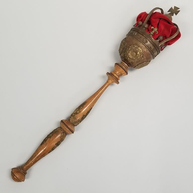 Antique ceremonial scepter: wood with embossed metal crown top- 26 1/2"L (1 of 14)