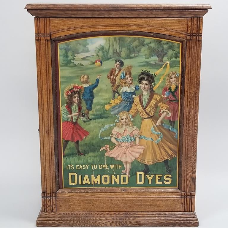 Antique Diamond Dyes oak advertising cabinet with pigeonhole interior- 30"H 22"W 10"D: Antique Diamond Dyes oak advertising cabinet with pigeonhole interior- 30"H 22"W 10"D