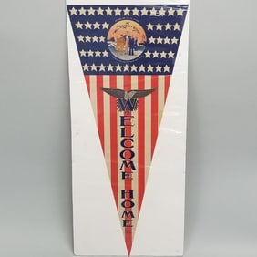 1945 WWII paper pennant: Welcome Home- Well Done My Boys (as seen- hole, discoloration) 34"H 15