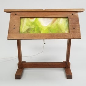 Mission oak slag glass lamp- 21 1/2"H 24"L 14"W