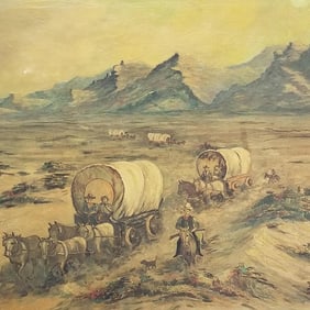 F.E. Tedrick signed oil painting on canvas "The Oregon Trail" (as seen- craquelure, etc.)  25"H 37"W