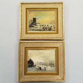 2 K deLong signed oil paintings on board- Dutch scenes- 13 1/2"H 15 1/2"W framed O.D.