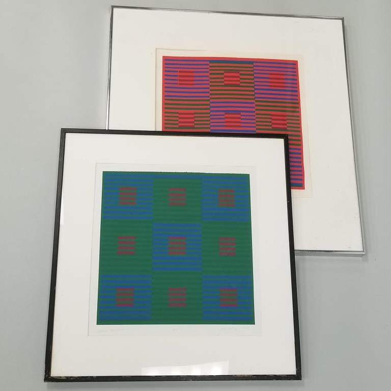 2 James Alvey color serigraphs "Red Window" 3/3 1978 & "Green Window" 2/3- 1970 (as is- mat wavy, (1 of 15)