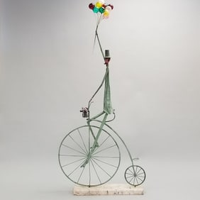 Jim Lewk signed & dated 1999 'Balloon Man' copper sculpture on stone base (chip to base) 77"H