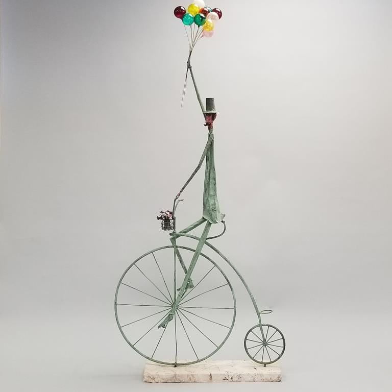 Jim Lewk signed & dated 1999 'Balloon Man' copper sculpture on stone base (chip to base) 77"H (1 of 18)