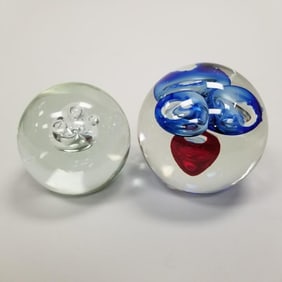 2 art glass large paperweights- 1 signed Barbini Murano- 5"H 4"D larger