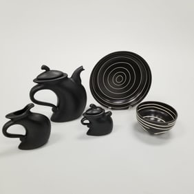 5 pieces artisan pottery including Michael Lambert "Struttin Down Fifth Avenue" tea set & 2 bowls