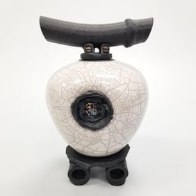 Artisan Raku signed Lovin ceramic sculpture on stand with lid- 14"H 8 1/2"D