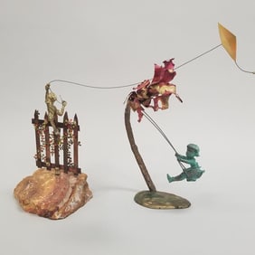 2 bronze, etc. figural metal sculptures- 1 signed Bijan- 14"H 22"W 5"D larger