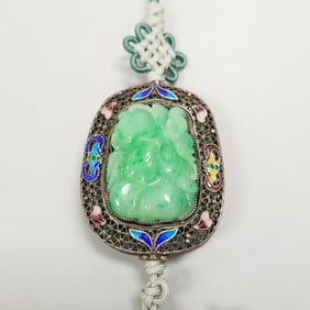 Chinese ornamental jade & enameled silver filigree tassel- 2" x 1 5/8" x 3/4" silver dimensions,