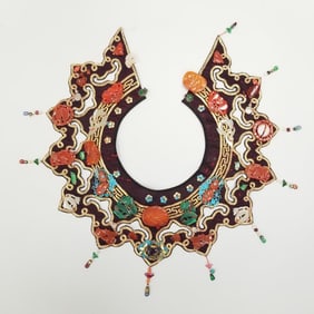 Antique Chinese Qing cloud collar: silk with carved jade, carnelian, King Fisher, malachite, coral,