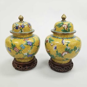 Pair vintage cloisonne covered ginger jars on wood bases (one as seen- dent & minor enamel loss)