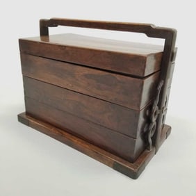 Antique Chinese huanghuali (?) wood 3-tier picnic box (splits to cover, missing accompanying lock on