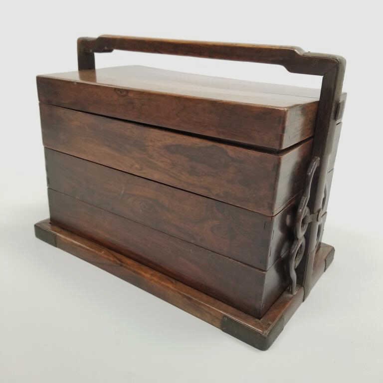 Antique Chinese huanghuali (?) wood 3-tier picnic box (splits to cover, missing accompanying lock on (1 of 14)