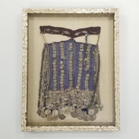 Vintage Bedouin coin embellished veil headdress in custom shadow box frame- 24 1/2"H 19 1/4"W 2"D