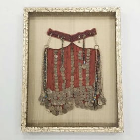Vintage Bedouin coin embellished veil headdress in custom shadow box frame- 24 1/2"H 19 1/4"W 2"D