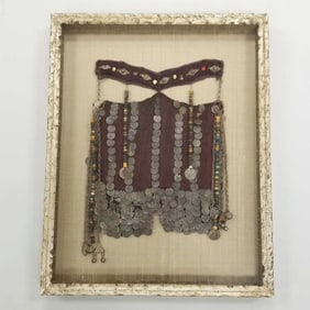 Vintage Bedouin coin embellished veil headdress in custom shadow box frame- 24 1/2"H 19 1/4"W 2"D