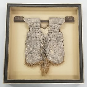 Oceanic carved wood, etc. armored vest in custom shadow box frame- 39 1/2"H 38 1/2"W 5 1/2"D