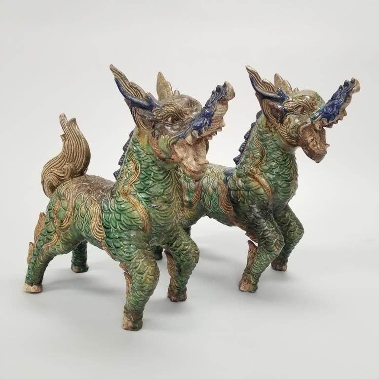 Pair large Asian glazed pottery temple guardians- mythical beasts (some restoration to ears, leg) (1 of 13)