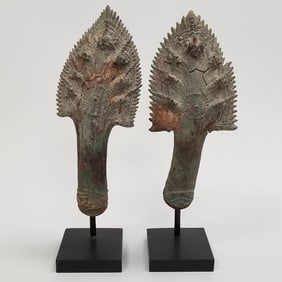 Pair antique bronze Naga finials mounted on bases with C.O.A. (as seen- cracks) 14 1/2"H 5"W 5"D